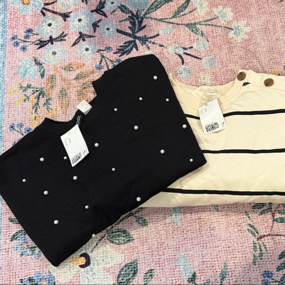 Black Sweater with Pearl Accents and Cream Striped Top